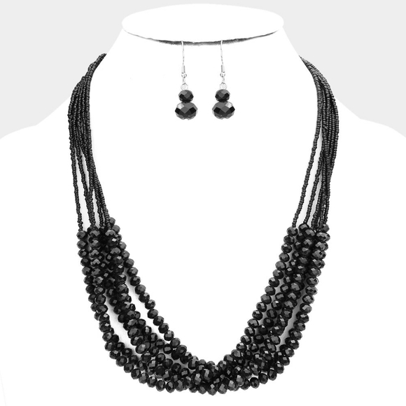 iFashionBox Jewelry - Black Multi Layered Chain Bead Necklace and Earrings Set Faceted Strand Jewelry